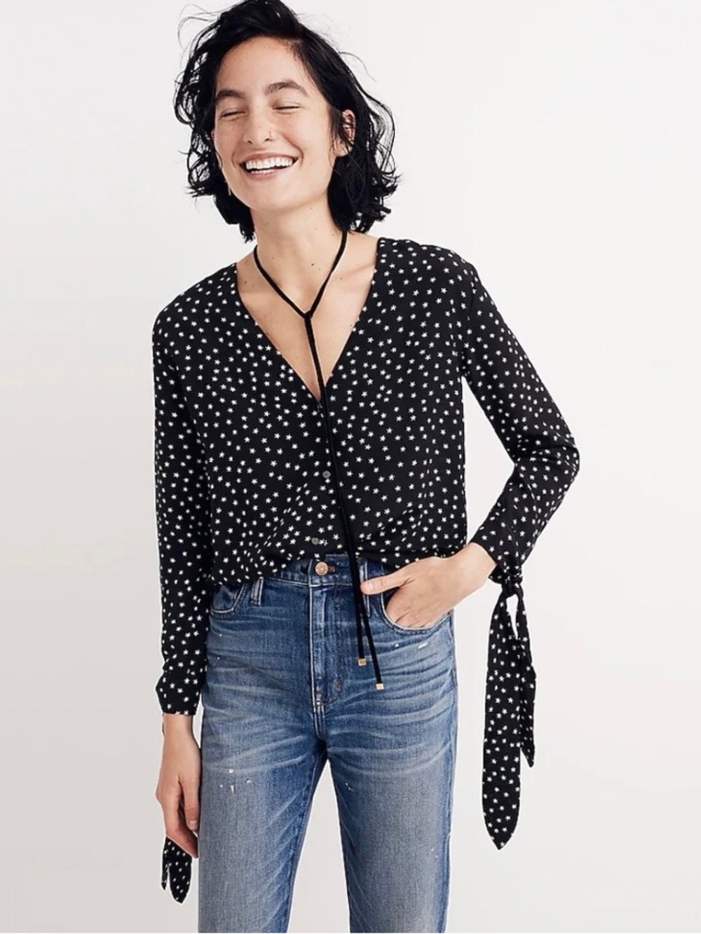 Madewell Silk Star Scatter Tie-Sleeve Top